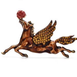Angel Horse Pegasus Brown Brooch with Rose Accent